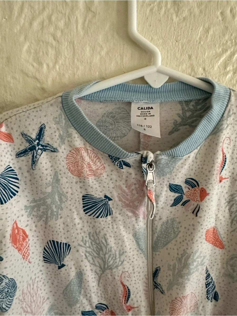 Calida Kids Jumpsuit Onesie Pajama Kids Girls 6 FLAWS Seashell Ocean Fish Blue